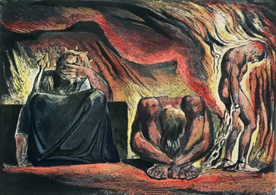 Jerusalem The Emanation of the Giant Albion; plate 51 Vala, Hyle and Skofeld, showing the crowned Vala (the fallen Jerusalem) crouched in despair with two of her acolytes: Hyle (representing William H by William Blake